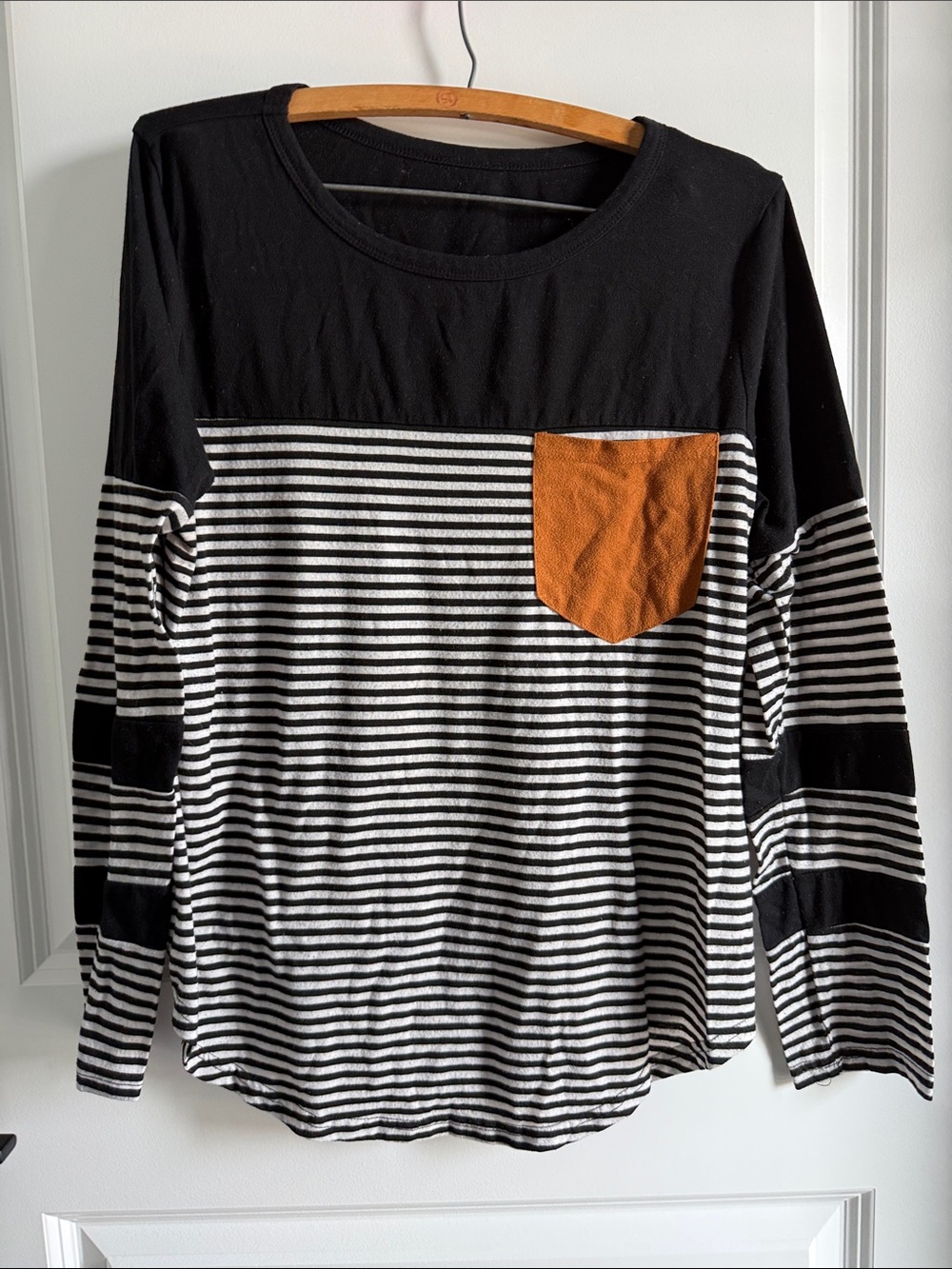 Black & White Boutique Striped Long Sleeve Top with Tan Pocket